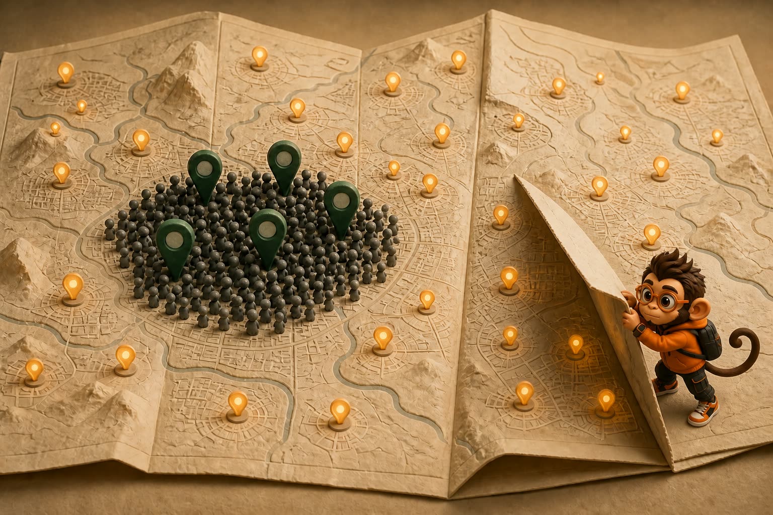 Praxy unfolds a vast map of glowing opportunities beside five overcrowded city markers.