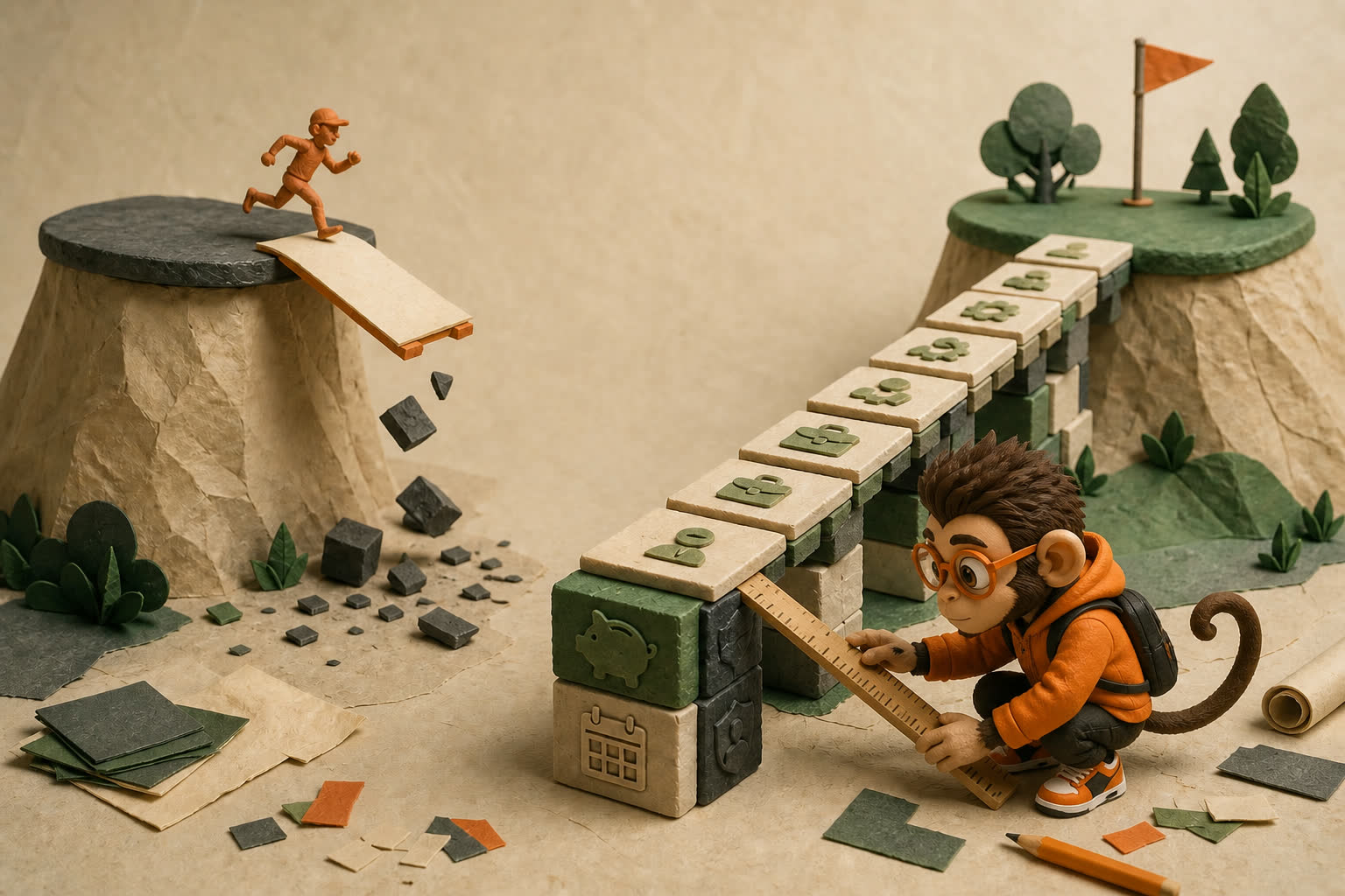 Praxy measures a carefully built runway of savings and skill blocks beside a reckless shortcut that ends at a gap.