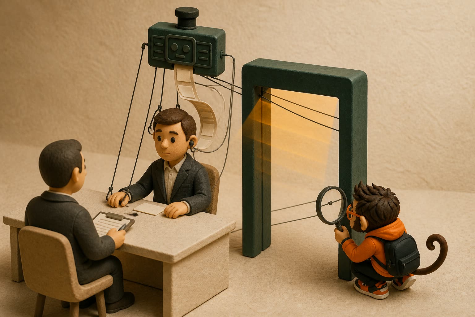 Praxy spots hidden AI puppet wires controlling a candidate while an interview screening gate misses them.