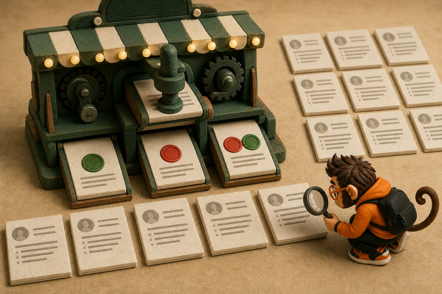 A clay carnival detector gives identical pages conflicting red and green tokens while Praxy ignores the machine and compares rows of copy-pasted pages with a magnifying glass.