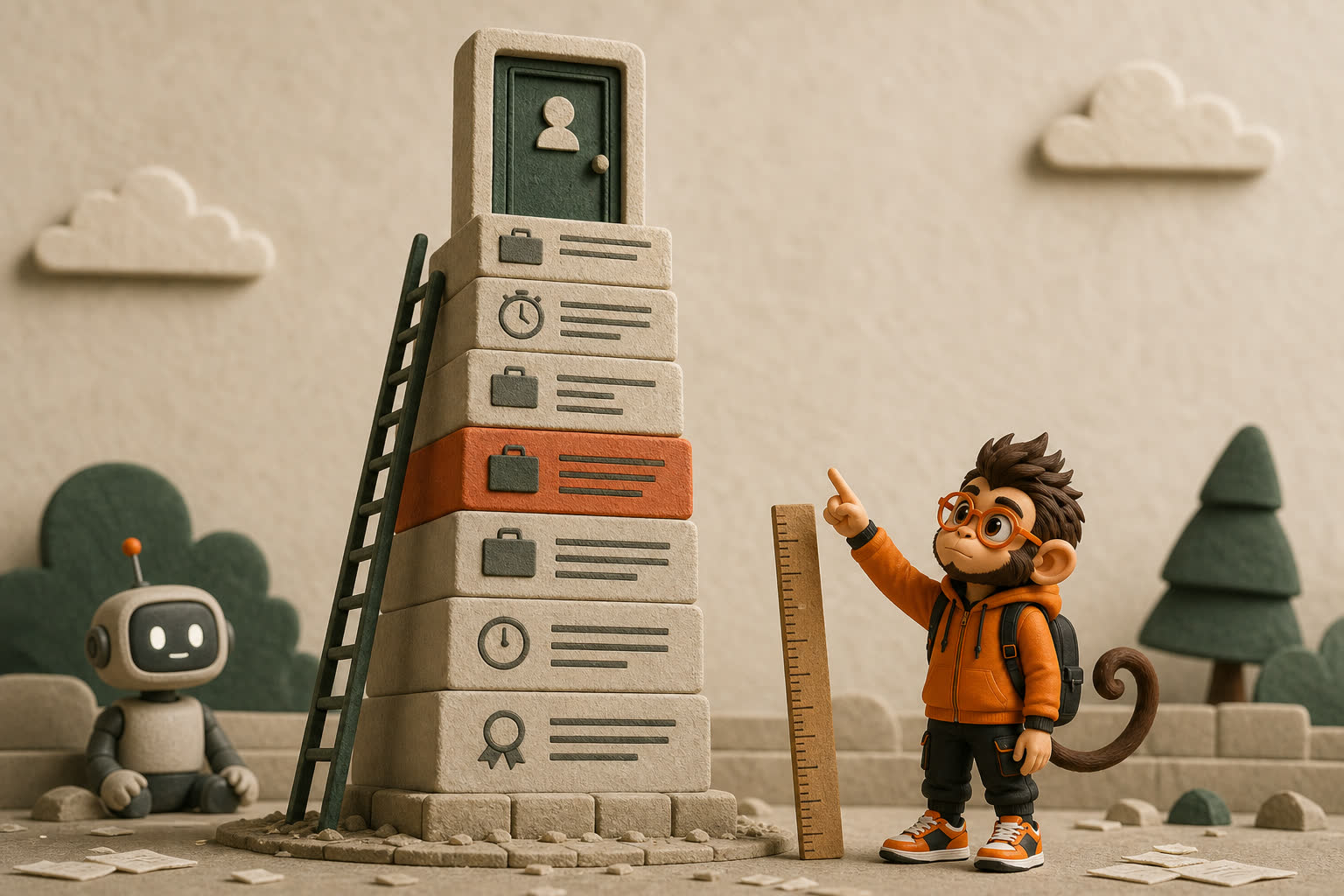 An entry-level door sits atop a tall tower of inflated experience blocks while Praxy measures the raised barrier and an idle AI robot watches.