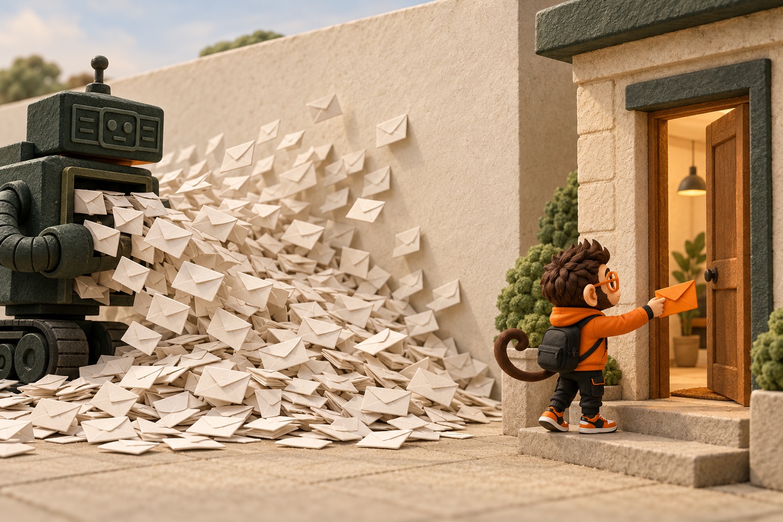 Praxy calmly hand-delivers one carefully addressed envelope to a company door while a noisy robot nearby fires hundreds of identical envelopes at a wall.