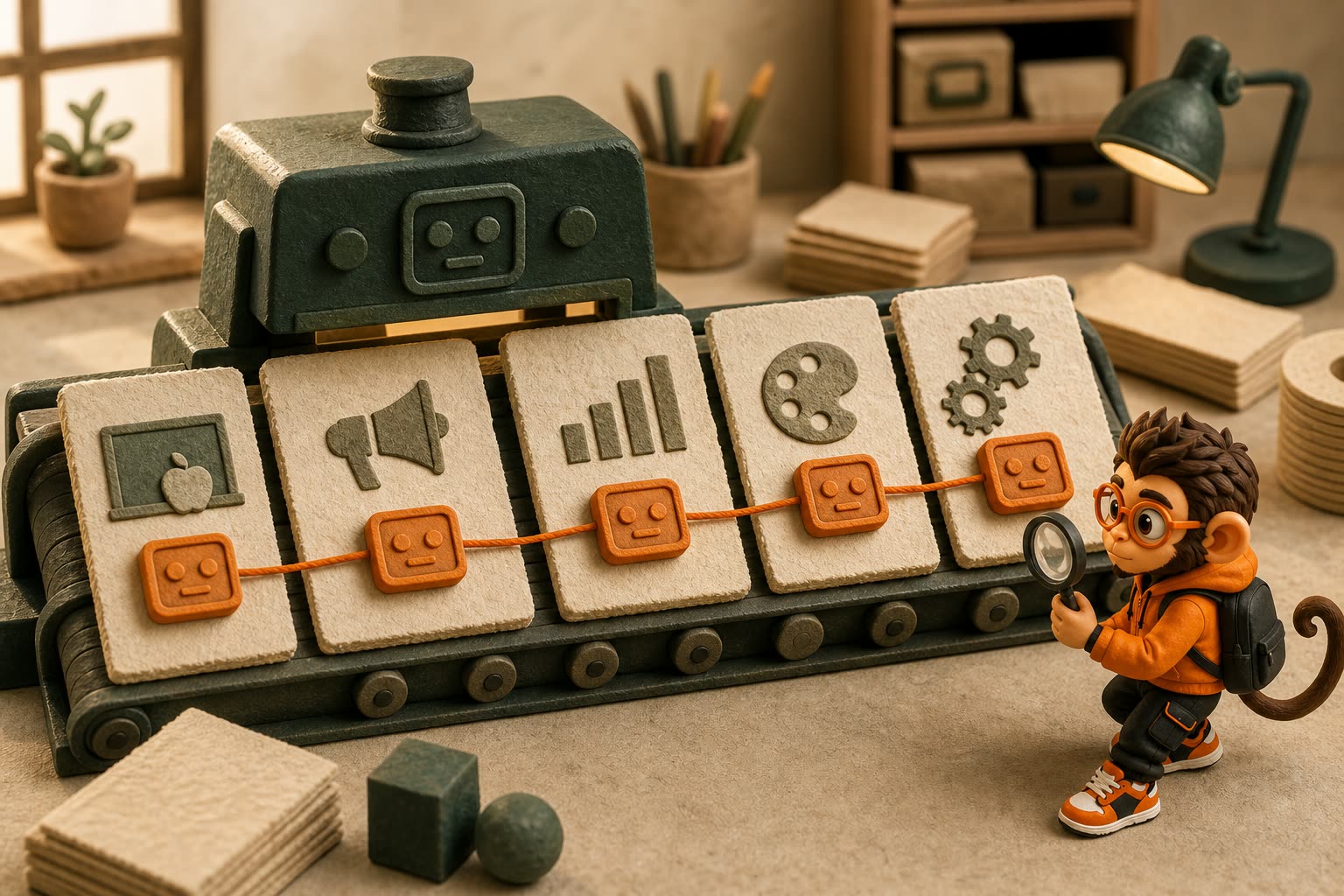 Five different occupation cards receive the same orange AI tile while Praxy traces their shared thread.