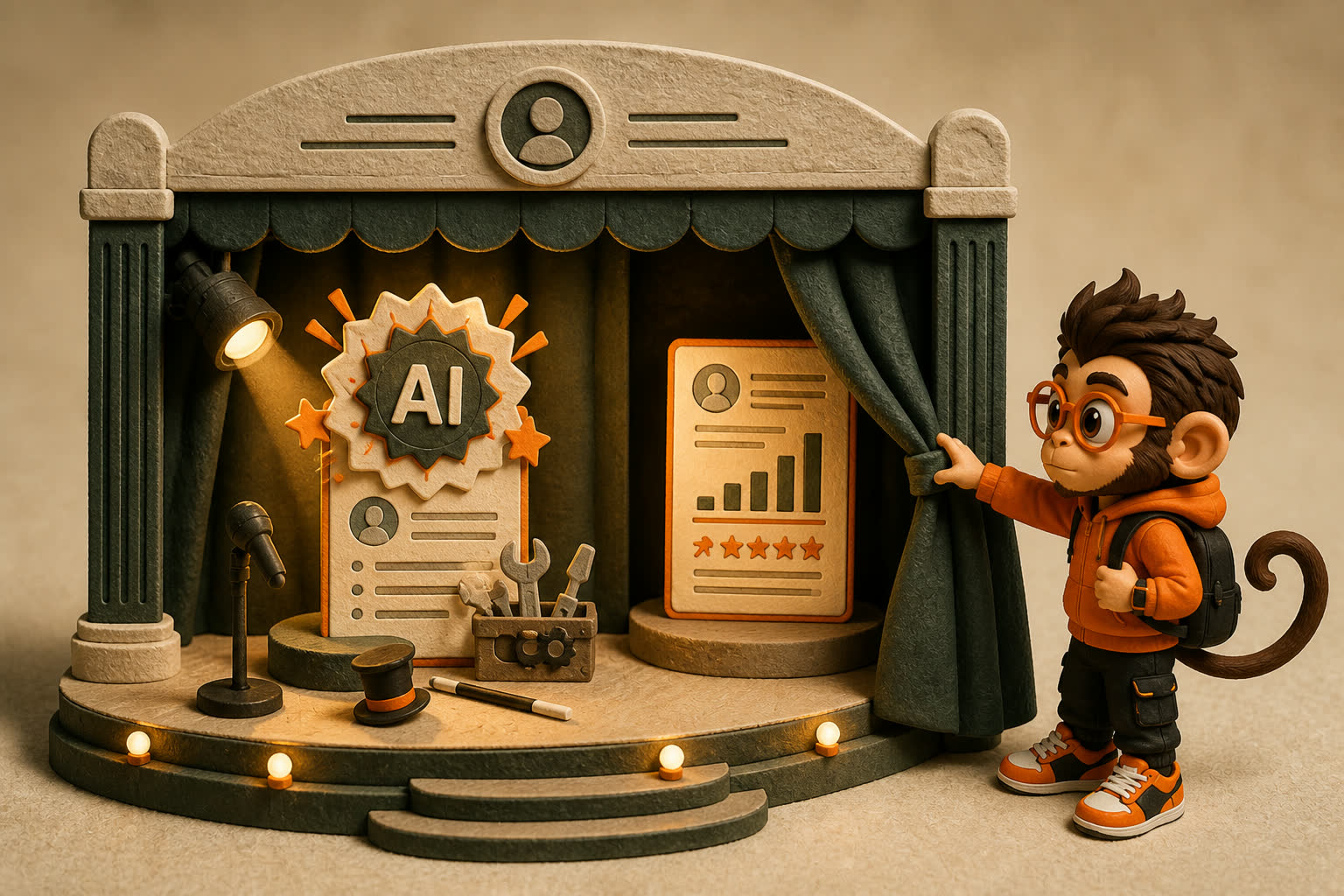 Praxy pulls back a résumé theater curtain to reveal a flashy AI badge and empty tools beside one concrete results card.