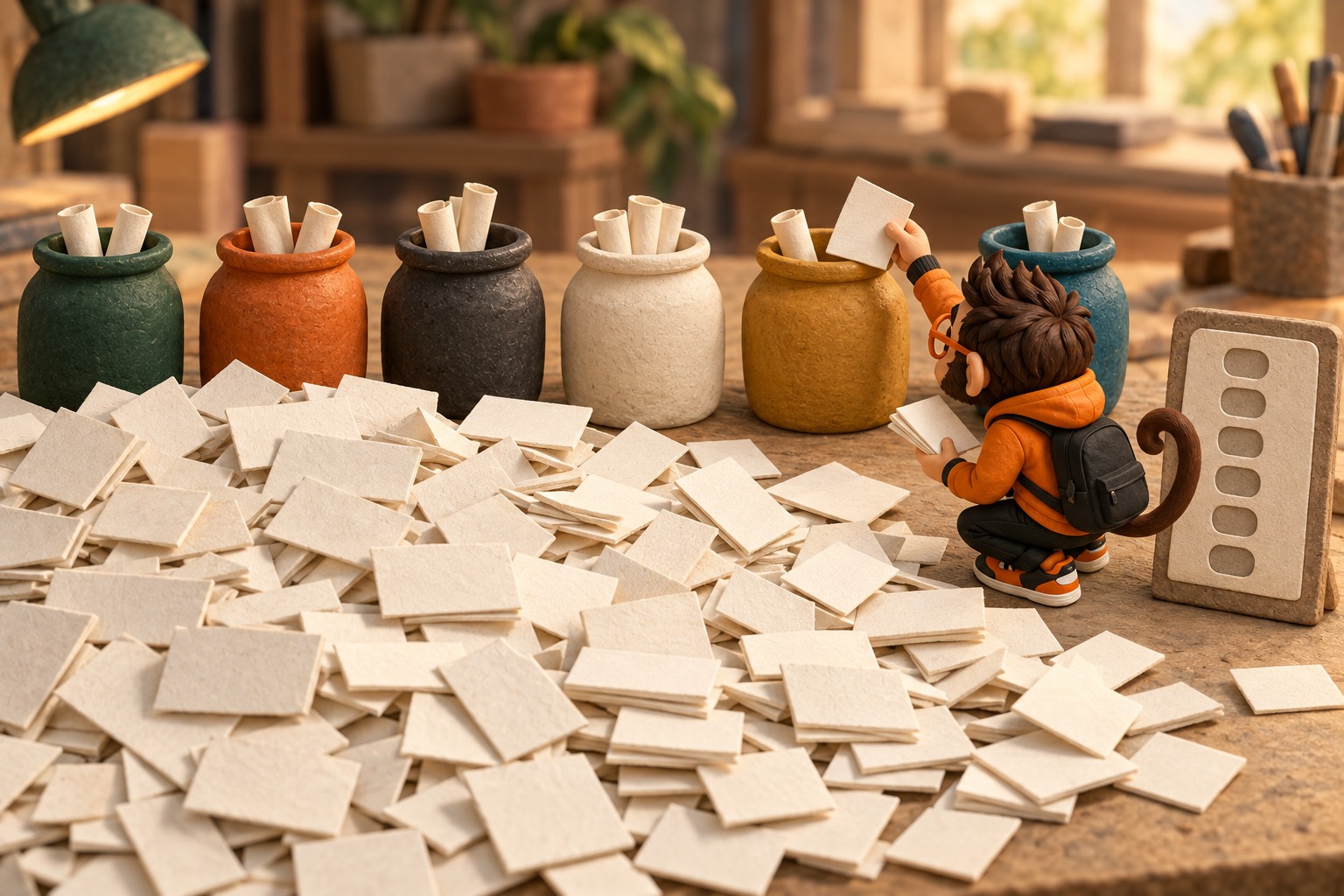 Praxy sorts a scattered pile of thirty question cards into six colour-coded story jars and holds one jar up against a scoring board.