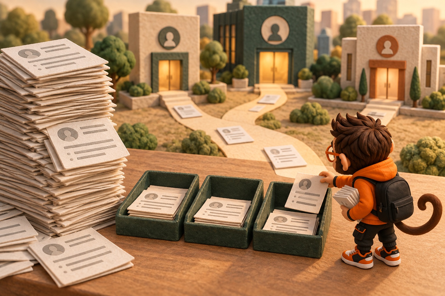 Praxy sorts a tall stack of identical job-board flyers into three small labeled trays, keeping only the fresh ones that lead to real company doors.
