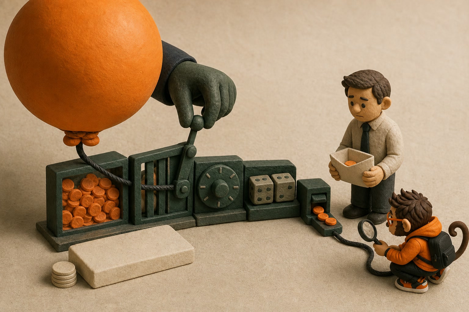 An oversized bonus balloon feeds a company-controlled coin reservoir while only a few coins reach the employee and Praxy traces the payout tether.