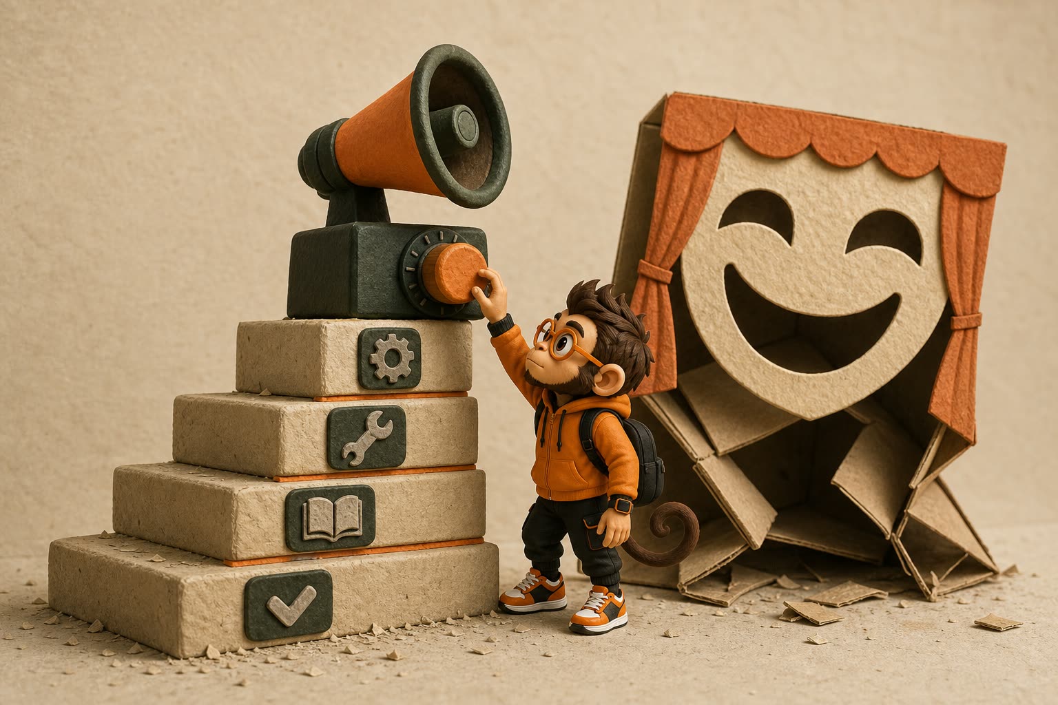 Praxy turns up a speaker resting on solid skill blocks beside a hollow confidence façade collapsing without support.
