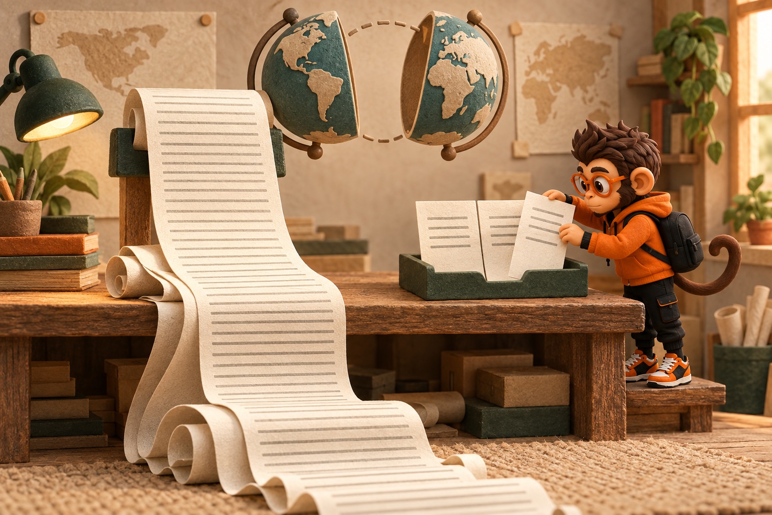 Praxy stands at a clay workbench sorting one long scroll of publications and one short two-page card into separate labelled trays under a split globe.