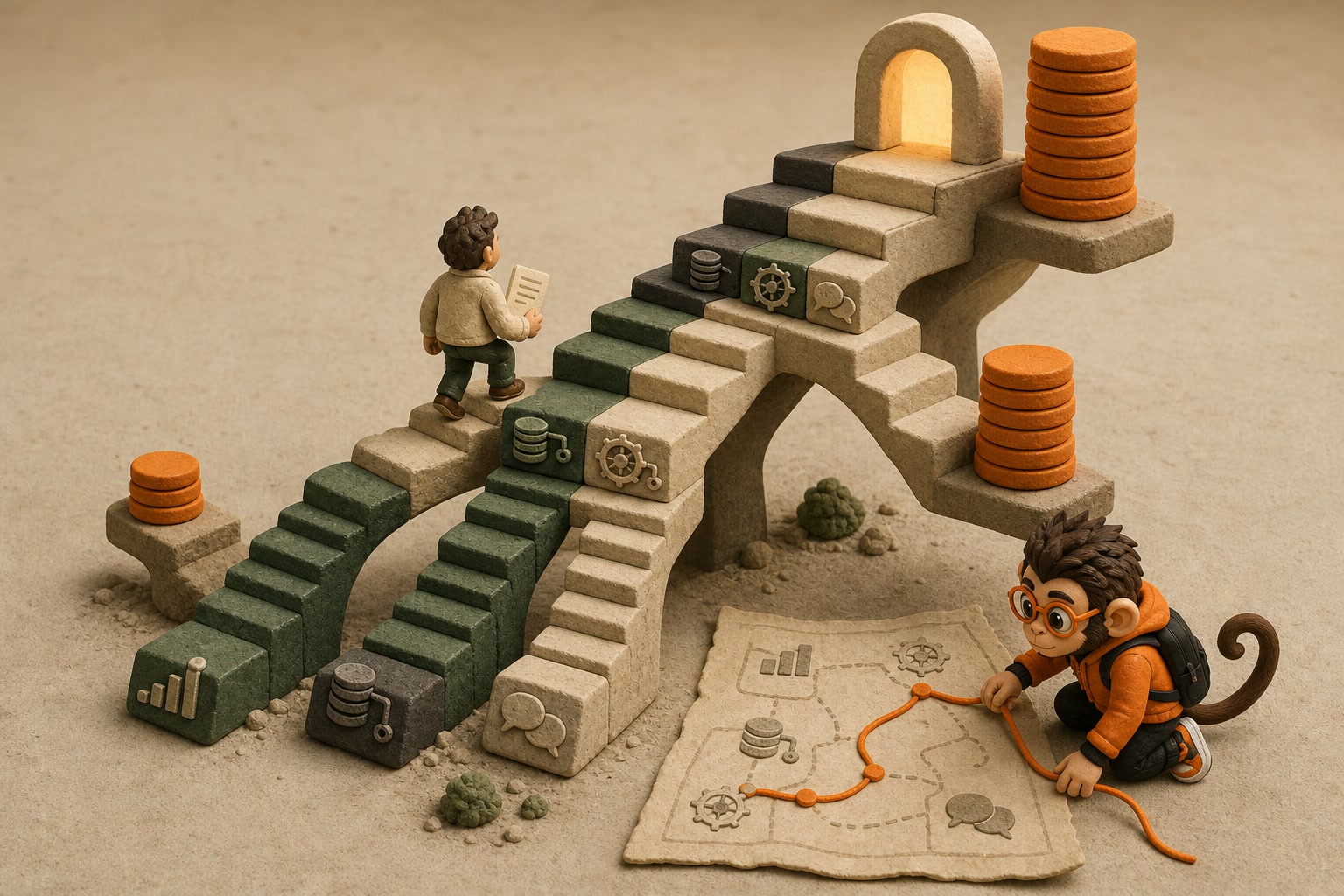 A data analyst climbs merging stairways built from visualization, database, domain, and communication blocks as pay stacks grow while Praxy maps the strongest route.