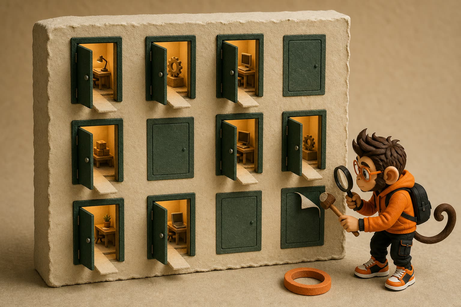 Praxy tests a wall of job doors, revealing that four are hollow facades while the real openings lead to warm workplaces.