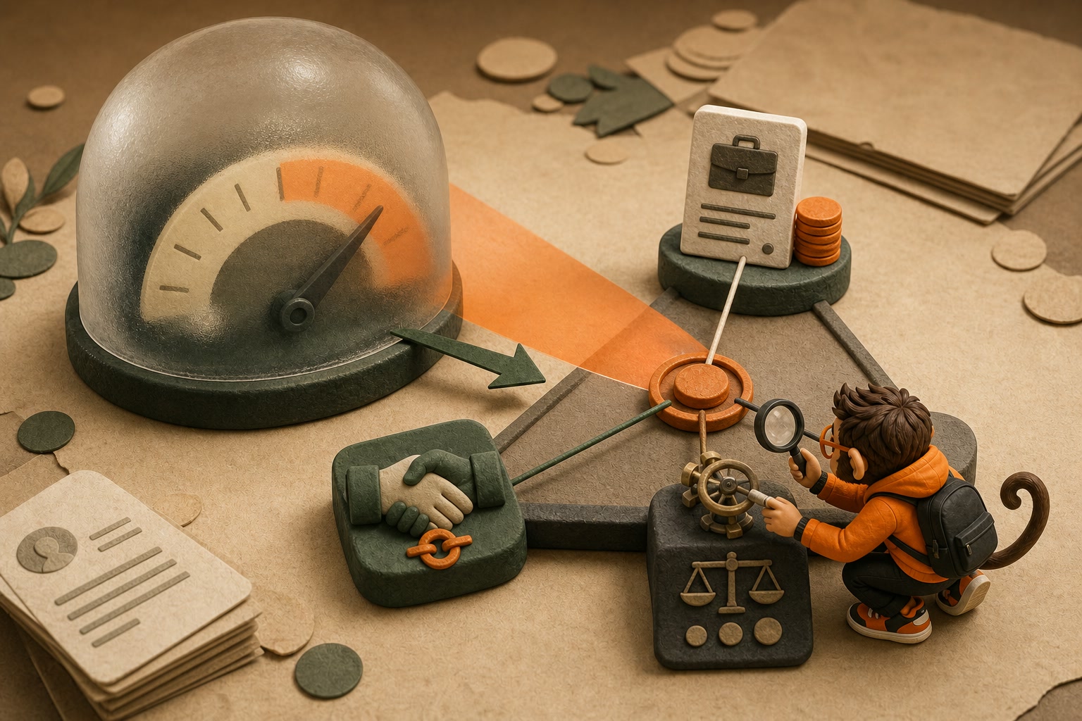 A fogged salary gauge projects a broad orange range while job-posting, trusted-peer, and market-benchmark anchors converge on one precise pay coin as Praxy aligns their sight lines.