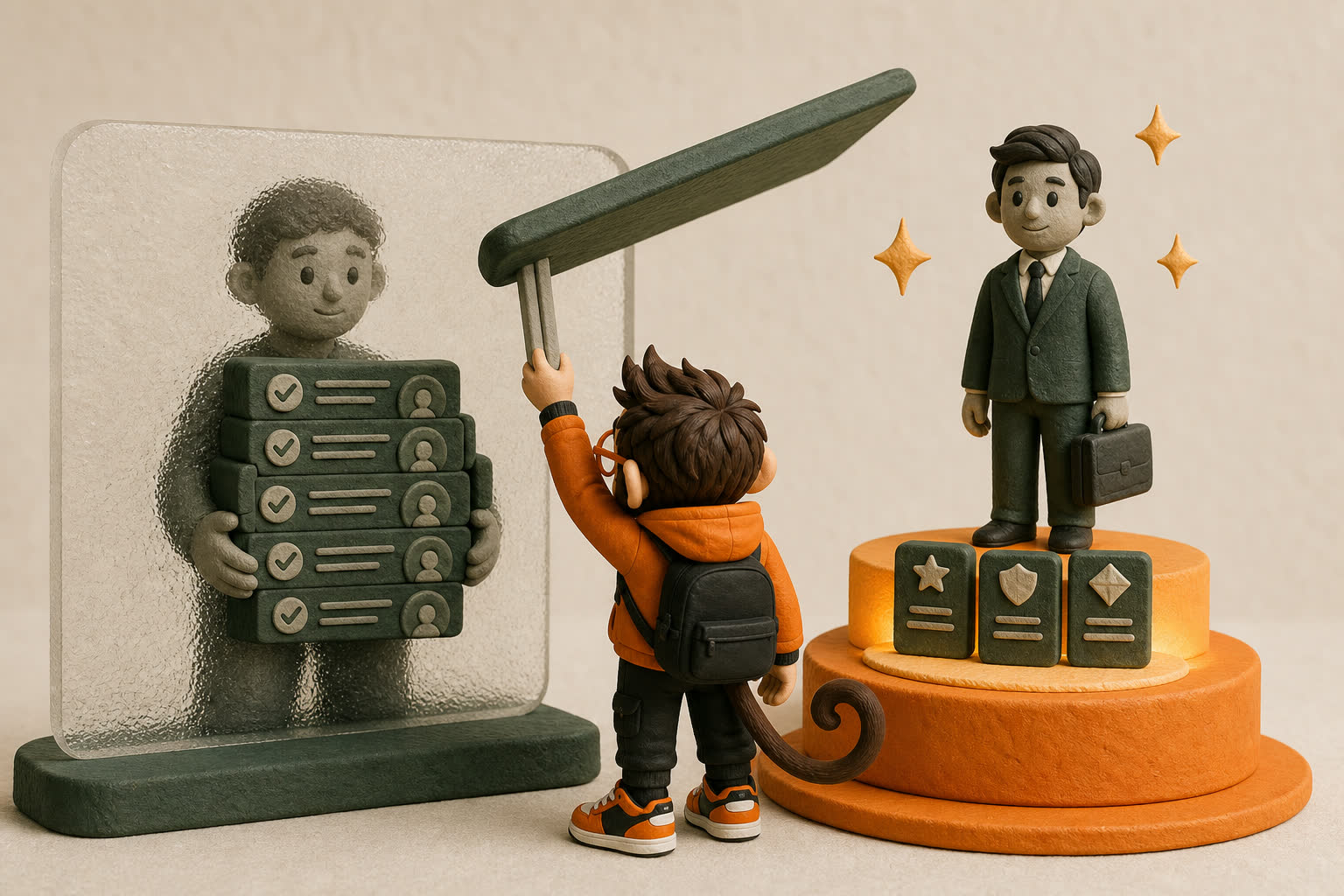 Praxy lifts a familiarity screen to reveal an internal candidate’s full stack of proven work beside an external hire’s smaller but shinier pedestal.