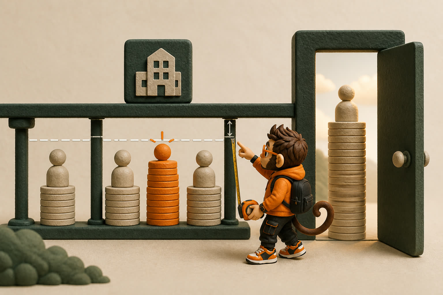 A company pay ceiling compresses one orange market-value stack while Praxy measures the gap to a taller uncapped stack beyond an external door.