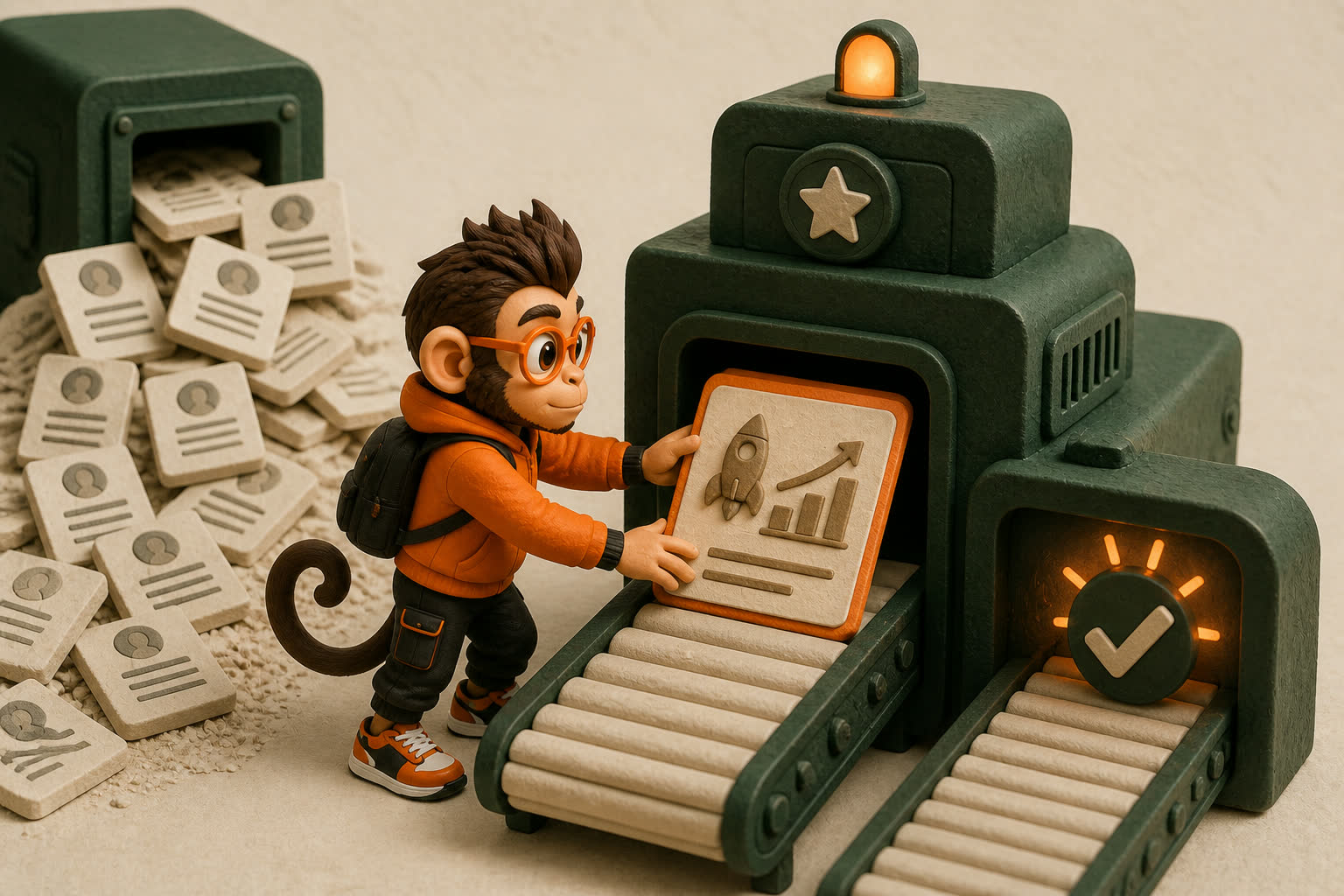 A machine chokes on repeated resume tiles while Praxy feeds one concise evidence card through a glowing quality gate.