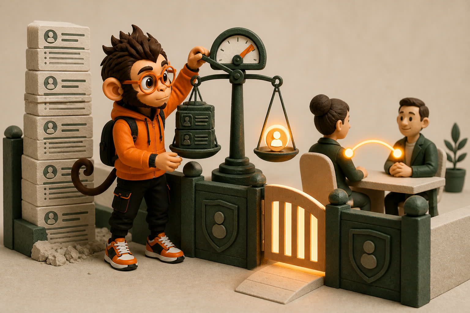 Praxy weighs a tall competence stack against a small glowing rapport link that opens the interview gate.
