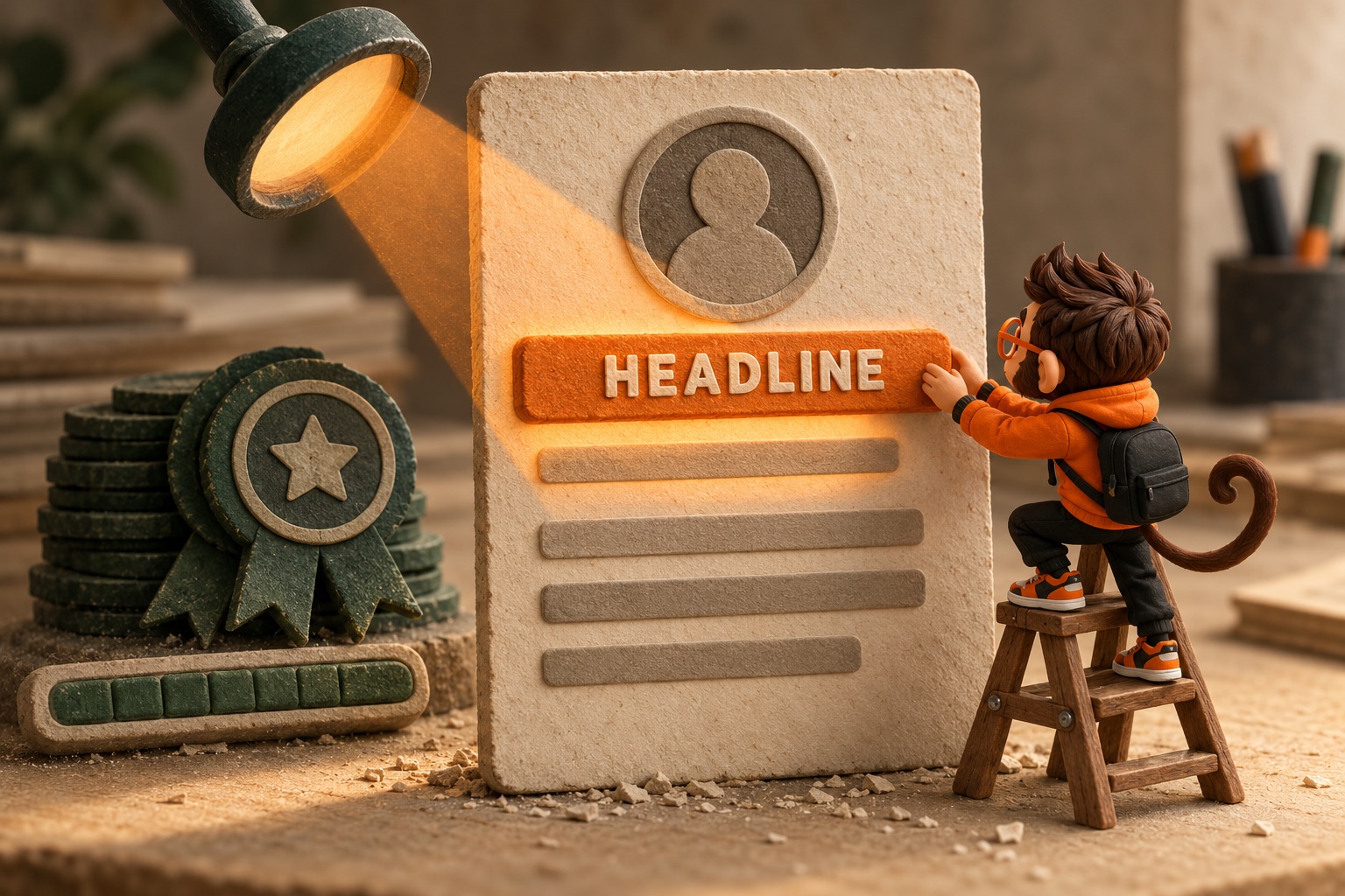 Praxy climbs a stepladder to press a bright orange HEADLINE tile into a clay profile card while a spotlight lights it and a pile of completion ribbons sits ignored.