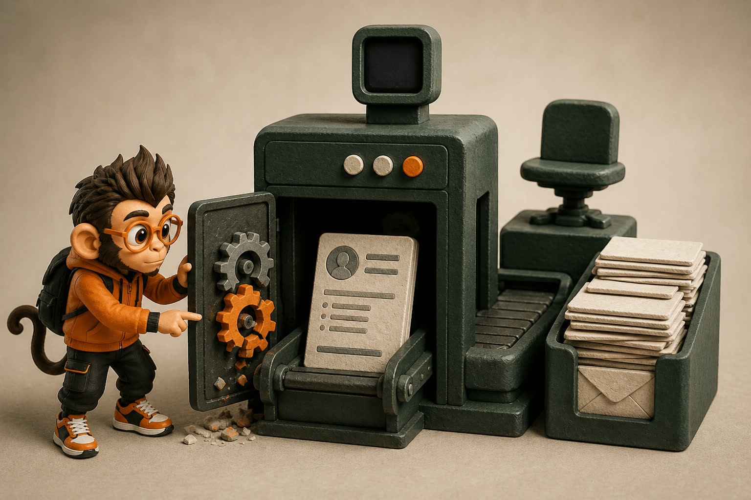 Praxy opens a stalled hiring machine and finds a candidate card stuck between broken handoff gears, an empty approver chair, and an overflowing inbox.