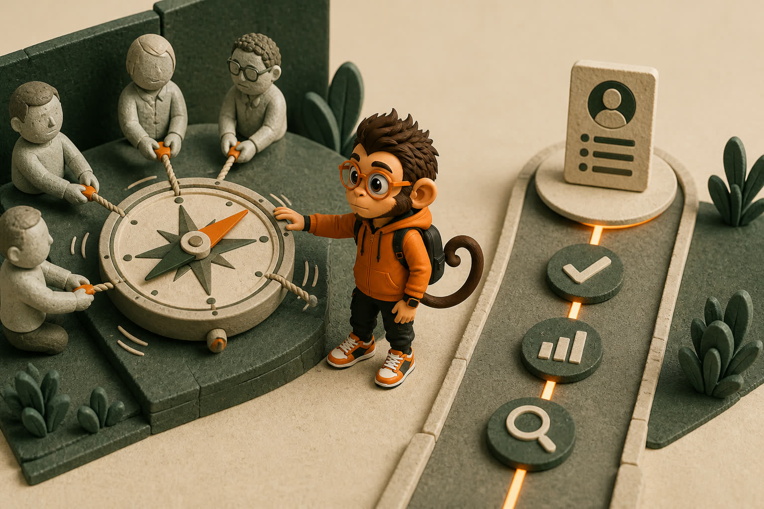 Four interviewers pull one evaluation compass toward a bland center while Praxy steadies it beside a clear evidence path.