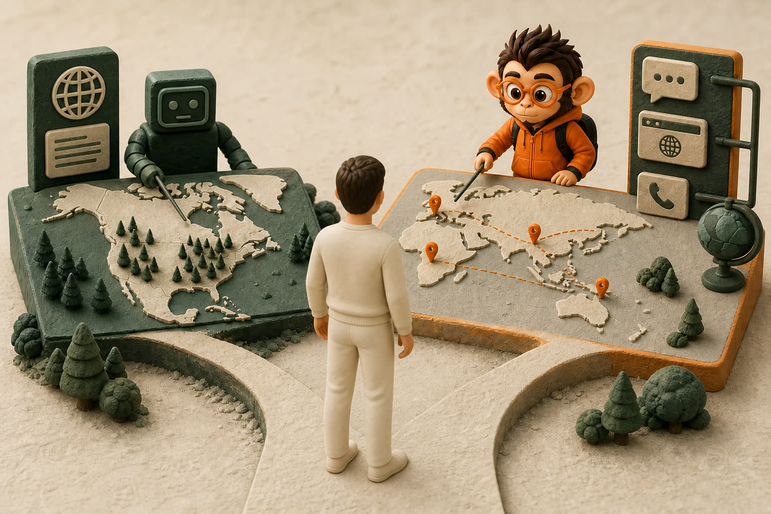 A candidate compares a neutral web agent charting a detailed North American map with Praxy charting a broader multi-region map across chat, web, and voice.
