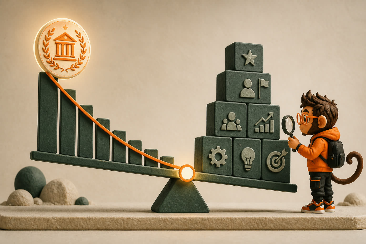 A prestigious school crest fades along a timeline while Praxy measures the growing weight of projects, leadership, skill, and outcomes.