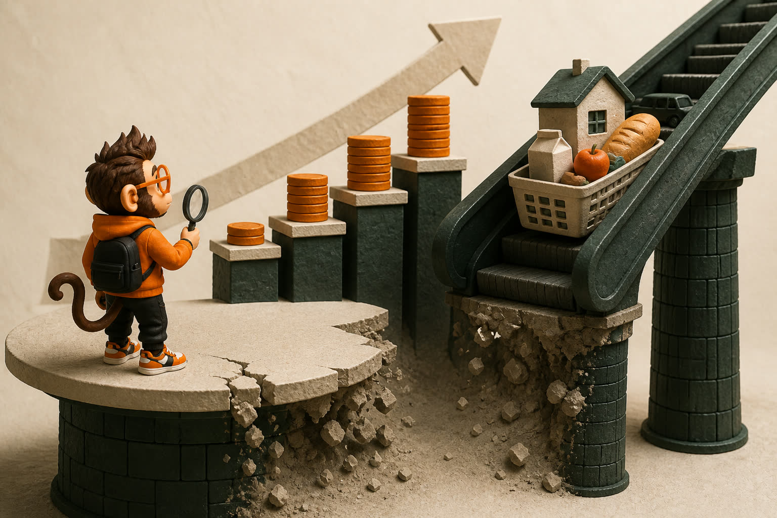 Small salary-coin steps rise beside a faster escalator carrying housing, food, and transport costs as Praxy measures the widening gap.