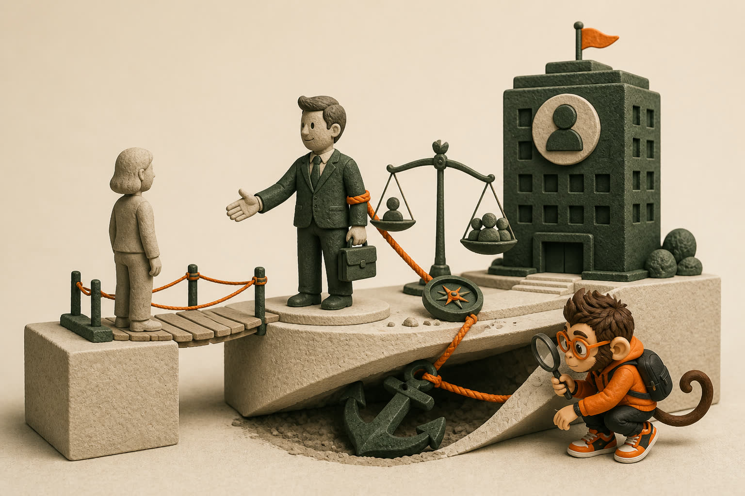A recruiter offers a candidate a helpful bridge while Praxy reveals the compass, balance, and contract tether anchoring the recruiter to the employer.