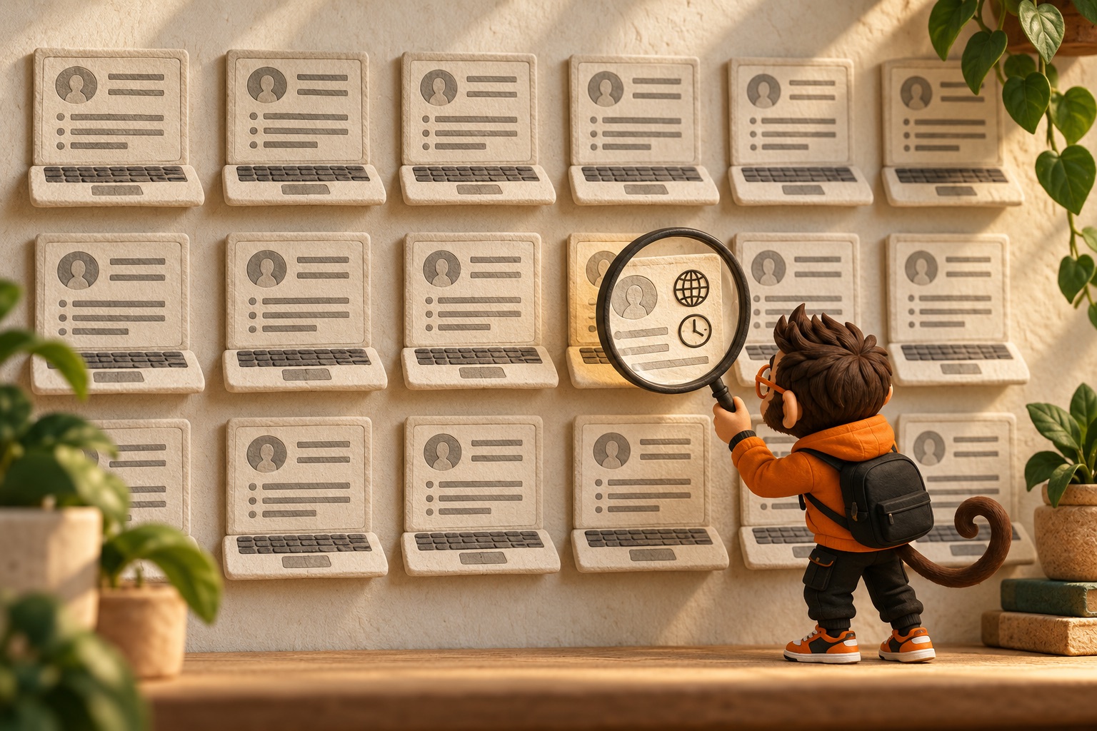 Praxy holds a magnifying glass over a wall of laptop-shaped job postings, revealing the tiny country and time-zone fine print stamped on each one.