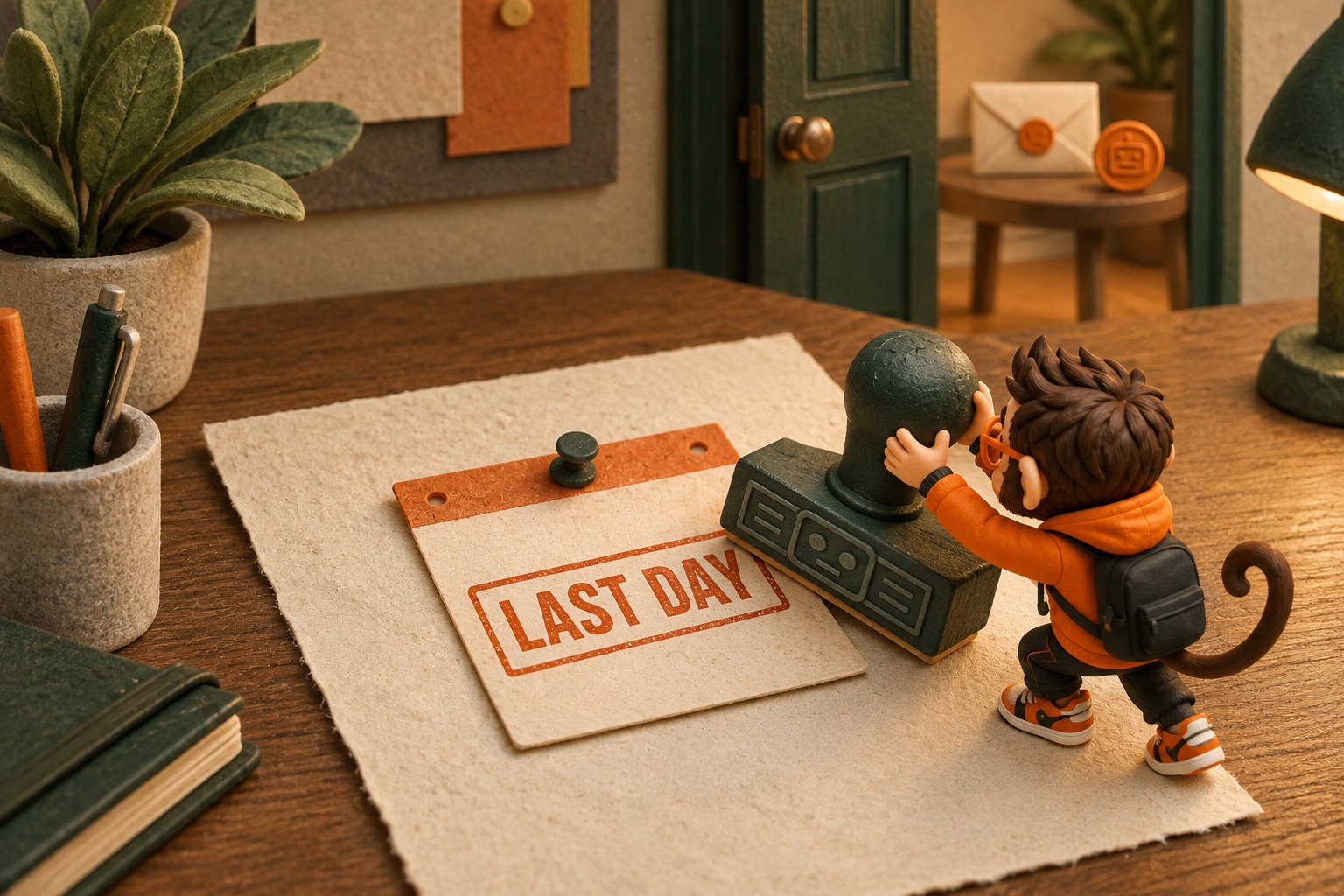 Praxy leans on a giant rubber stamp to print LAST DAY onto a calendar page pinned to a resignation letter, while a sealed envelope and a coin wait past the open office door.
