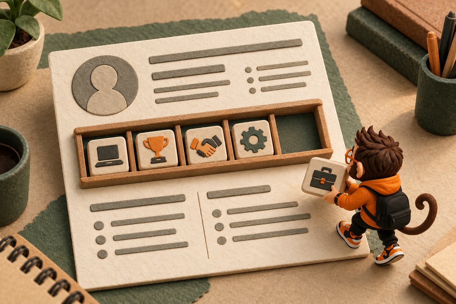 Praxy carries a clay block toward a fresher's resume shelf, filling the empty experience space with project, competition, internship and skill blocks.