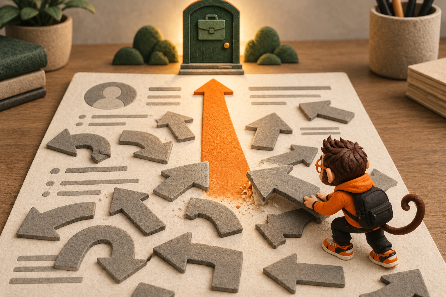 Praxy lifts a scattered grey arrow off a clay resume map so one bold orange arrow can point straight at a single green job door.