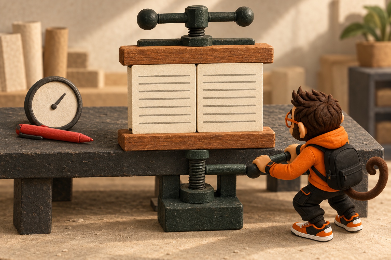 Praxy clamps a résumé against a single job posting on a workbench and sets aside a scoring dial and a red proofreading pen.