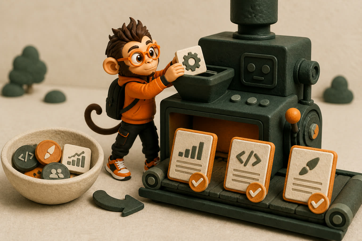 Praxy feeds loose skill tokens into a working machine that turns them into concrete, checked result cards instead of an unsupported list.