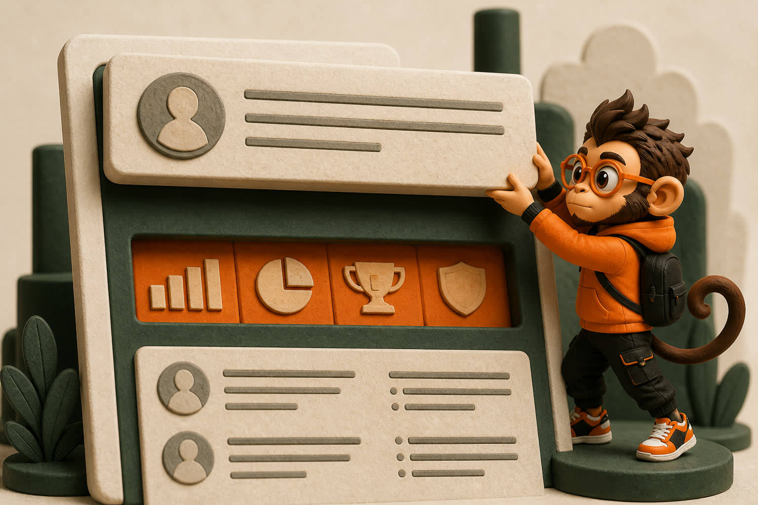 Praxy lifts a large decorative résumé header away from a narrow viewing window so the orange evidence tiles underneath become immediately visible.