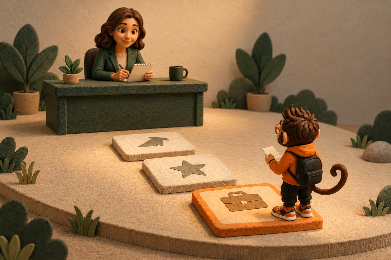 Cue card in hand, Praxy steps onto the first of three clay stepping stones marked with a briefcase, a star and an arrow, on a small spotlit stage facing an interviewer's desk.