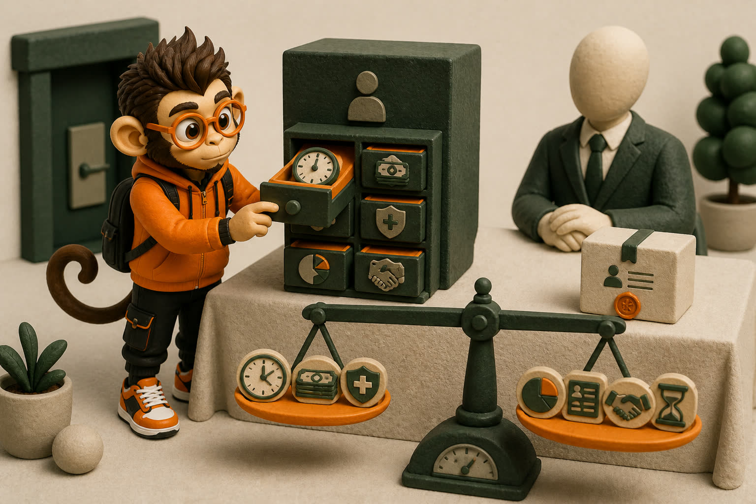 Praxy opens a small severance cabinet to reveal negotiable drawers for time, cash, benefits, equity treatment, references, and transition terms on a scale.