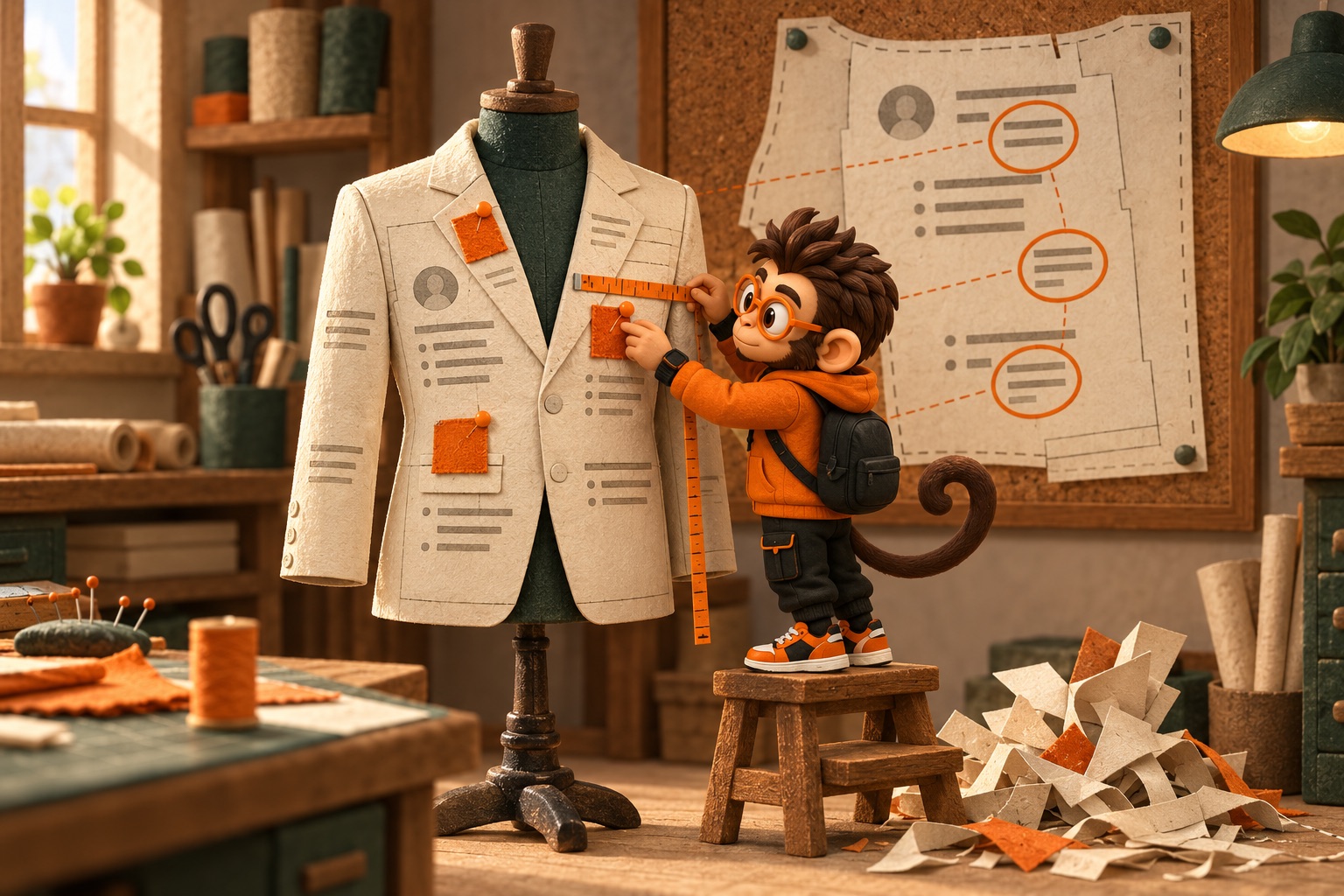 In a clay tailor's workshop, Praxy measures a resume-paper jacket and pins orange evidence patches exactly where the job-description pattern circles three must-haves, leaving generic offcuts on the floor.