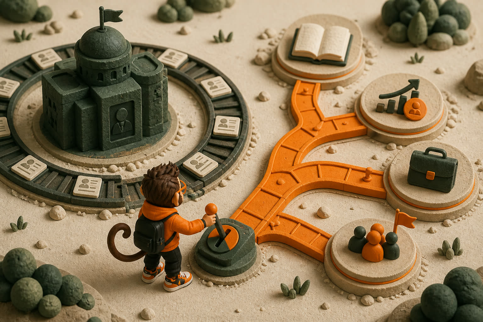 Praxy switches away from a career rail looping around one company fortress and onto modular orange paths leading to new learning, pay, and opportunity stations.