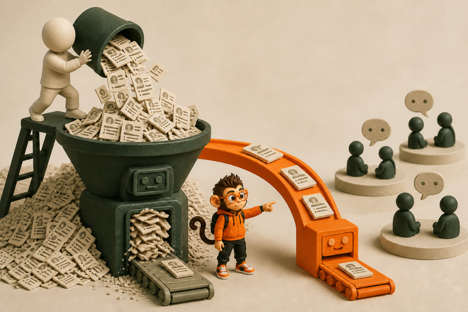 A faceless candidate floods a jammed funnel with identical applications while Praxy redirects a few tailored evidence cards into an orange channel leading to real conversations.