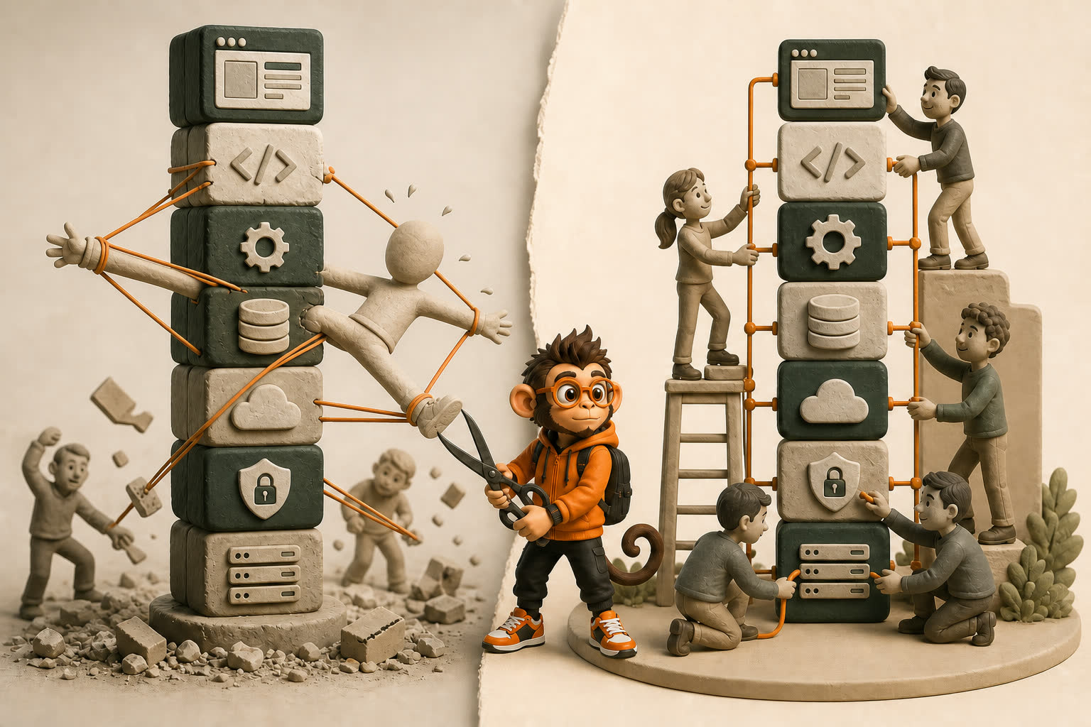 Praxy cuts the elastic cords pinning one overloaded worker across an unstable technology stack while a specialist team assembles the same system together.