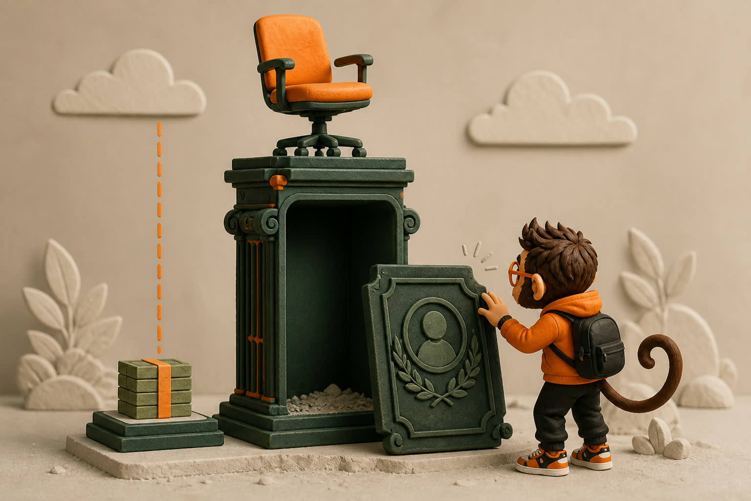 Praxy opens a hollow ornate title pedestal that lifts an executive chair high above an unchanged pay stack at floor level.
