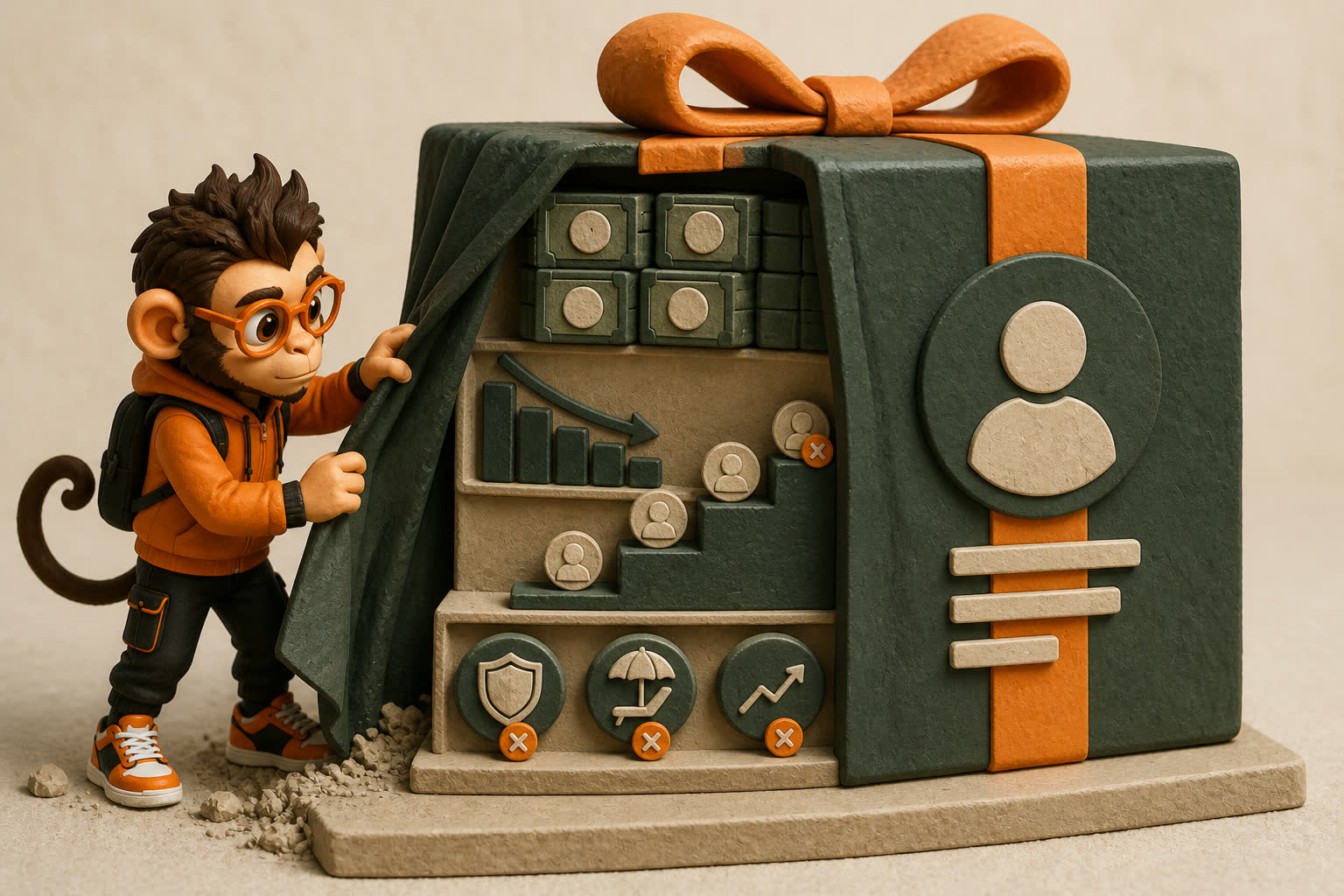 Praxy opens a lavish gift-wrapped compensation package to reveal declining dependable cash, conditional benefits, and expiring value behind the decorative shell.