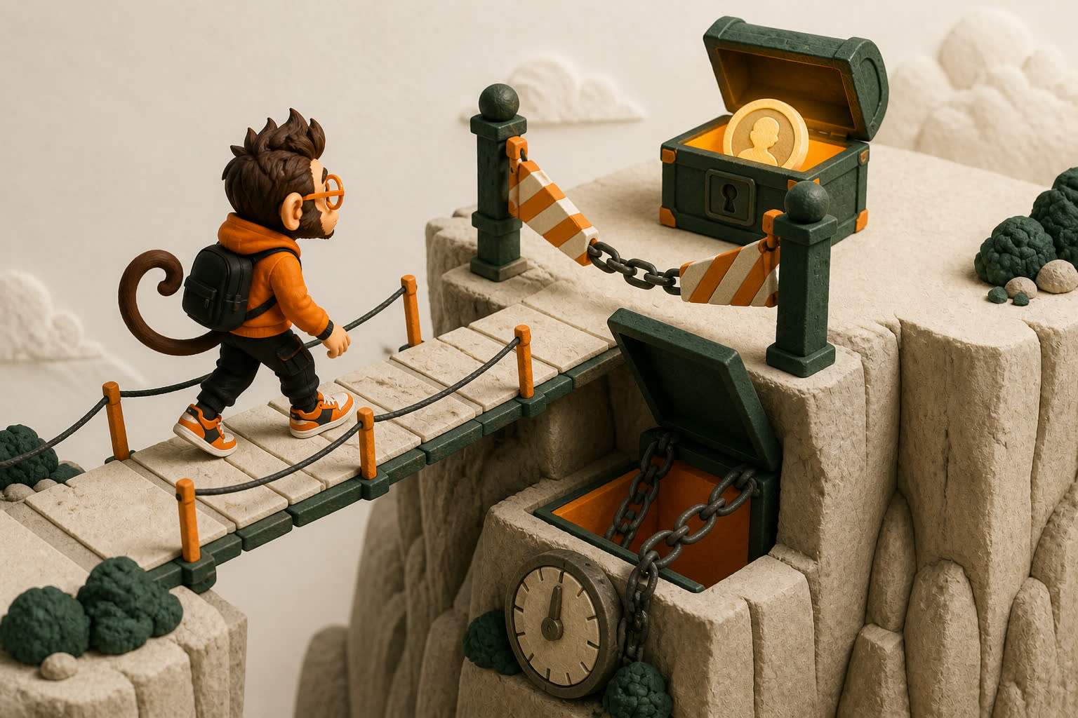 Praxy approaches a glowing equity chest just beyond a barrier while a chained countdown trapdoor waits beneath the promised reward.