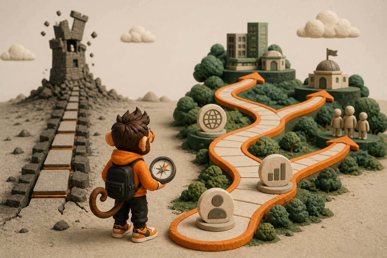 Praxy uses a compass to choose paths through capability, scope, and impact while a rigid single-track plan collapses at a distant tower.