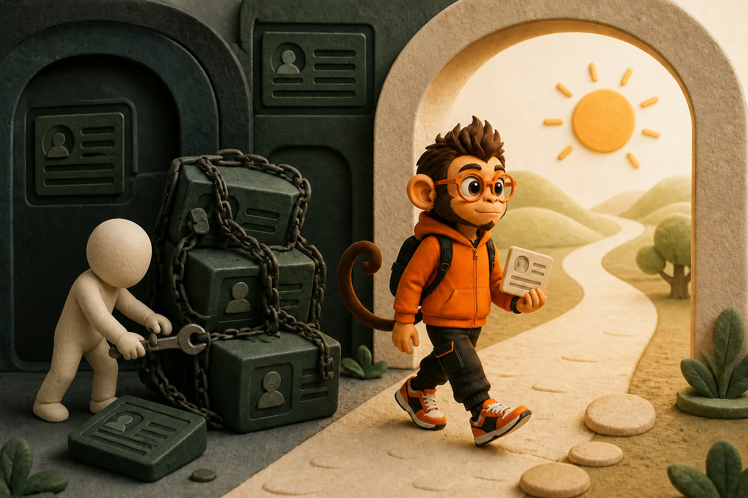 A candidate carries one useful lesson toward a bright forward path while a faceless helper detaches heavy chained baggage from the closed chapter behind.