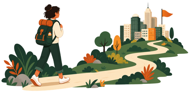 A job seeker following a path toward a city